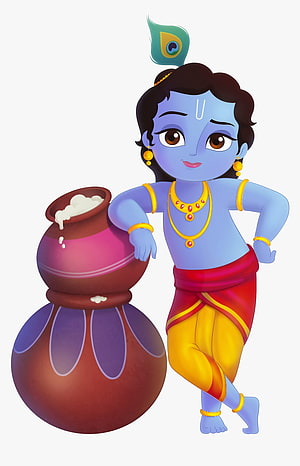 Cute Baby Krishna Cartoon Character with Butter Pot and Peacock Feather Illustration HD phone wallpaper