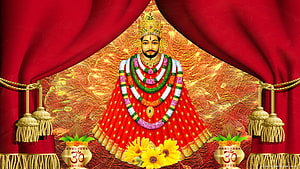 Lord Ayyappa Hindu Deity in Red Vestments with Flower Garlands and Golden Crown HD wallpaper