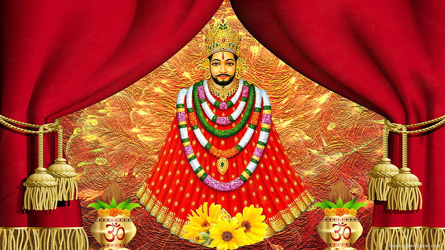 Lord Ayyappa Hindu Deity in Red Vestments with Flower Garlands and Golden Crown HD wallpaper