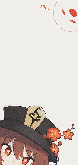 Hu Tao from Genshin Impact in a black hat with red plum blossoms and a minimalist white background HD phone wallpaper