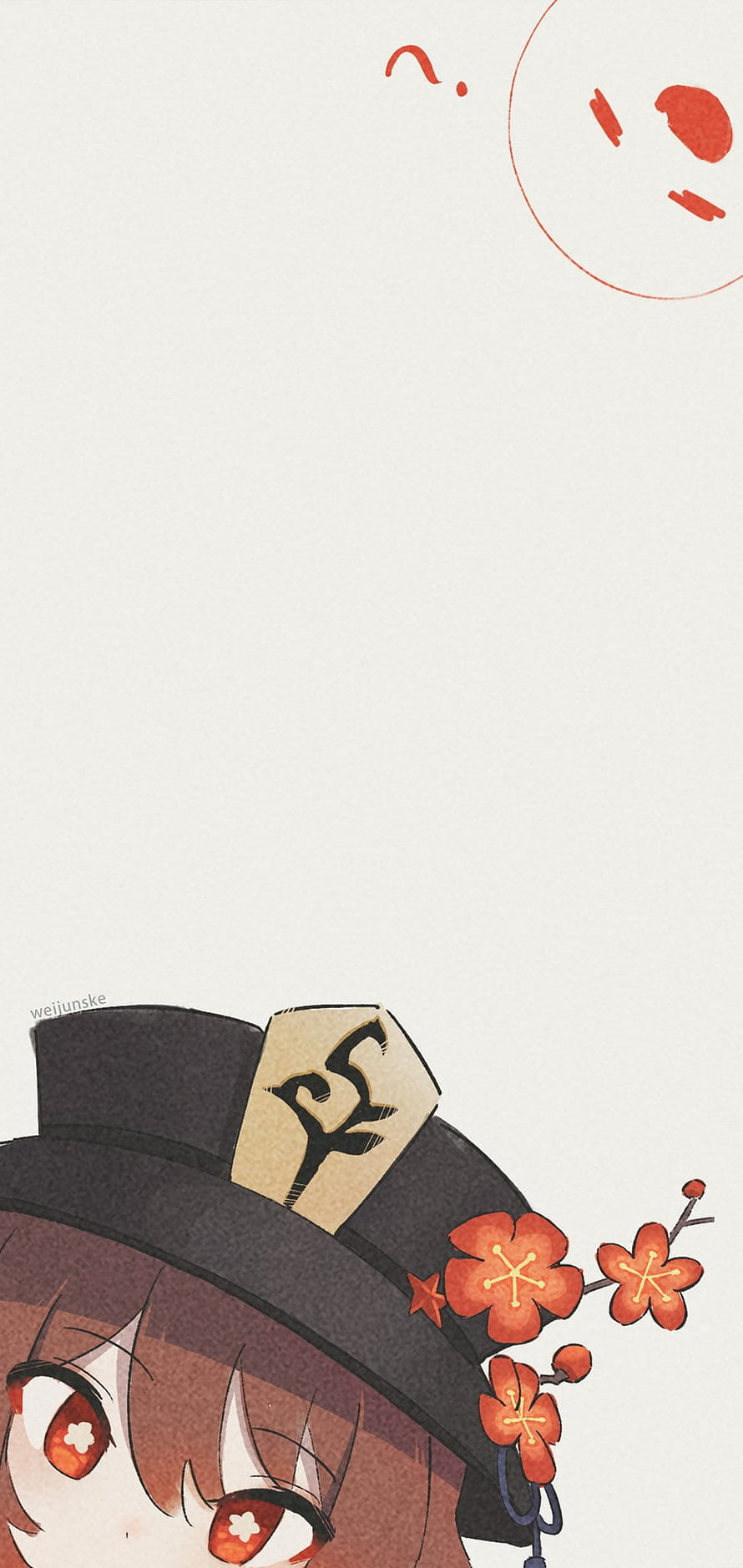 Hu Tao from Genshin Impact in a black hat with red plum blossoms and a minimalist white background HD phone wallpaper