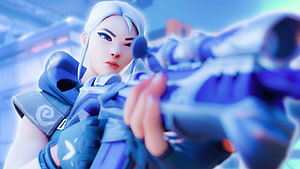 Valorant Agent Jett Aiming Sniper Rifle in Blue Tinted Action Scene HD wallpaper