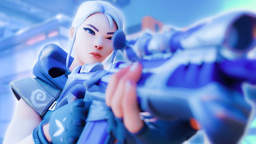Valorant Agent Jett Aiming Sniper Rifle in Blue Tinted Action Scene HD wallpaper