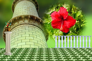 Fantasy Garden Scene With Stone Tower, Red Hibiscus Flower, And White Balcony Railing HD wallpaper