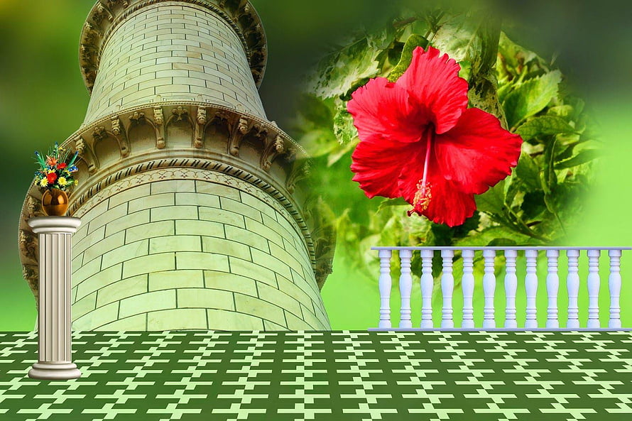Fantasy Garden Scene With Stone Tower, Red Hibiscus Flower, And White Balcony Railing HD wallpaper