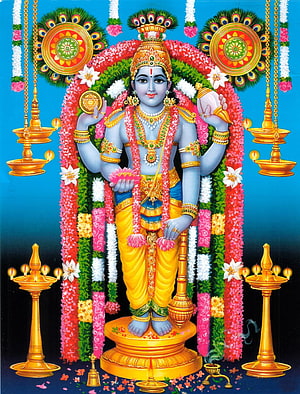 Lord Balaji Venkateswara Hindu God Wallpaper with Peacock Feathers and Oil Lamps HD phone wallpaper