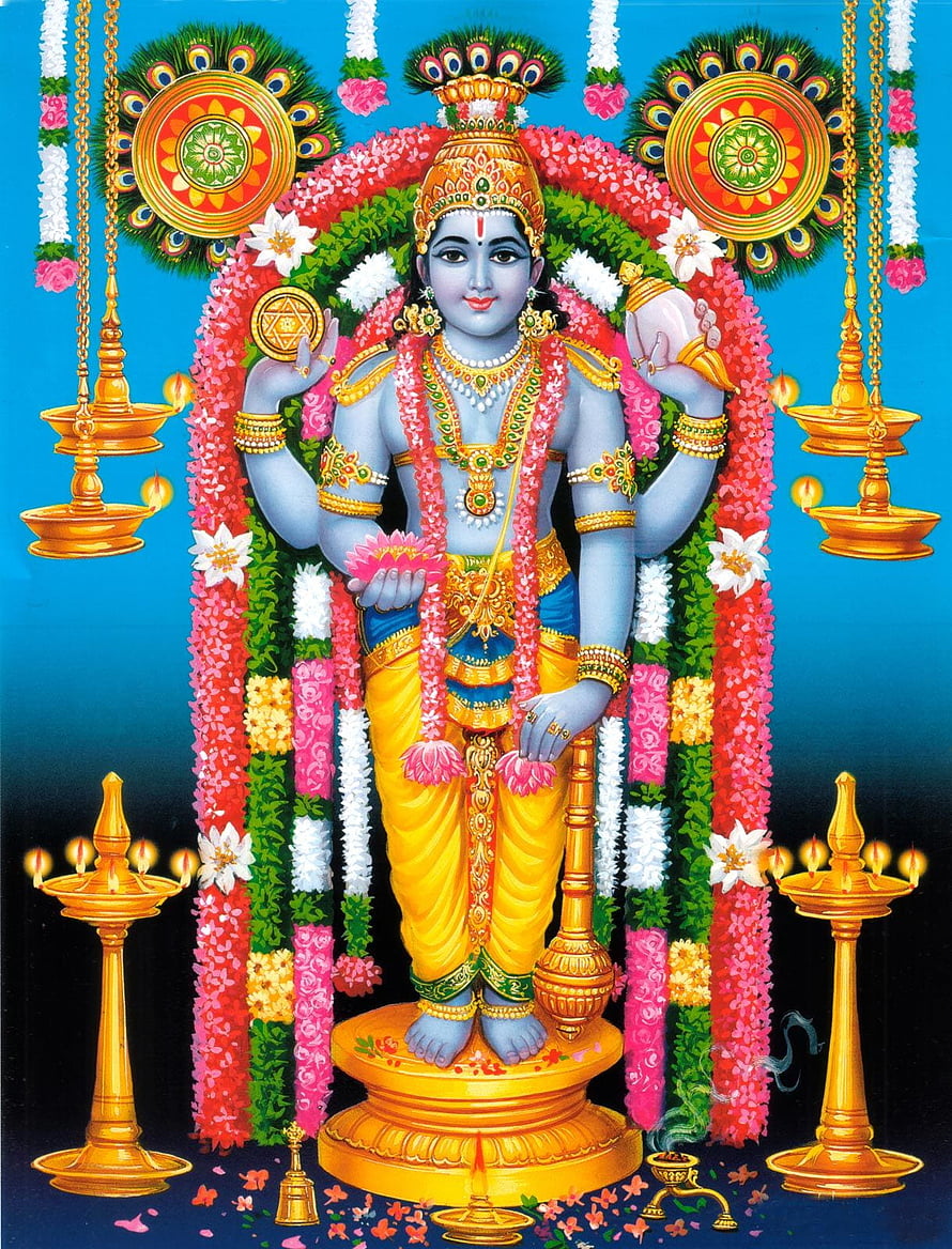 Lord Balaji Venkateswara Hindu God Wallpaper with Peacock Feathers and Oil Lamps HD phone wallpaper