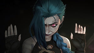 Jinx from Arcane with glowing red eyes and teal braided hair in dark cinematic portrait HD wallpaper