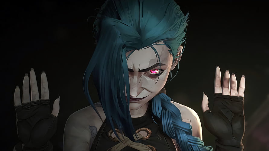 Jinx from Arcane with glowing red eyes and teal braided hair in dark cinematic portrait HD wallpaper