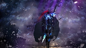 Dark Fantasy Warrior With Glowing Blue Armor And Red Cape In Stormy Atmosphere HD wallpaper