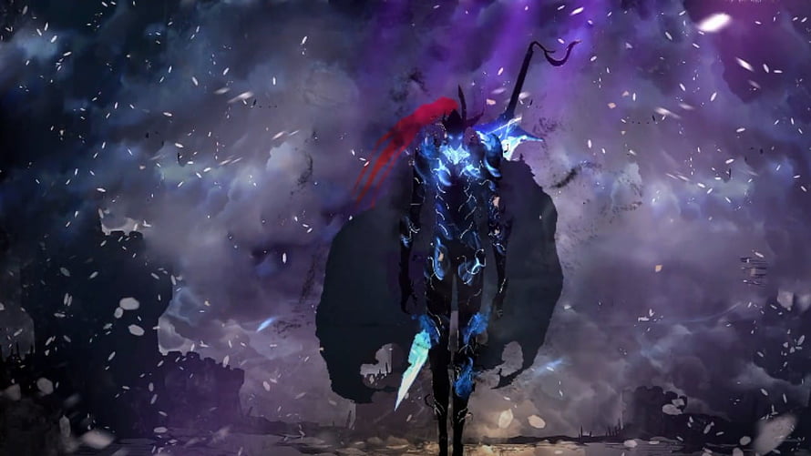 Dark Fantasy Warrior With Glowing Blue Armor And Red Cape In Stormy Atmosphere HD wallpaper