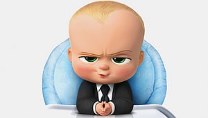 Boss Baby in a black suit sitting in a blue high chair with a serious expression HD wallpaper