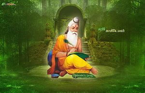 Maharishi Valmiki seated in a lush forest clearing writing the Ramayana on a palm leaf manuscript HD wallpaper