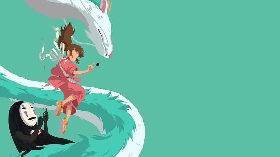Spirited Away Illustration Featuring Chihiro, No-Face, and a White Dragon on a Teal Background HD wallpaper