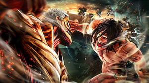 Attack on Titan Eren Yeager and Reiner Braun Titan Clash with Survey Corps in Background HD wallpaper