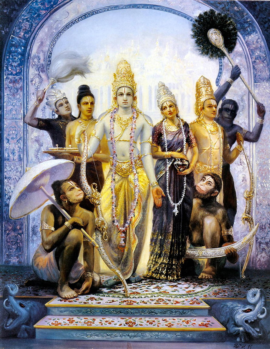 Sri Rama Chandra with Sita, Hanuman, and attendants in ornate classical Indian painting HD phone wallpaper