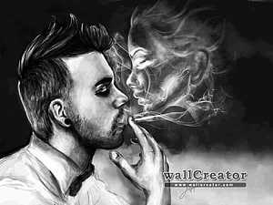 Black and white digital art of a man smoking with a woman's face formed in the rising smoke, Man Broken Heart, sad man smoking HD wallpaper