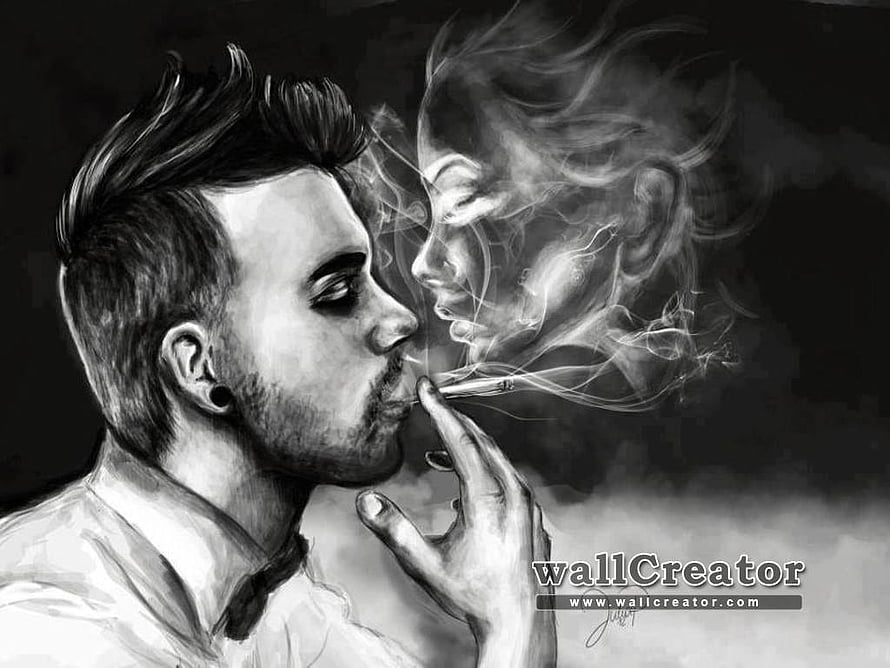 Black and white digital art of a man smoking with a woman's face formed in the rising smoke, Man Broken Heart, sad man smoking HD wallpaper