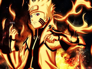 Naruto Uzumaki in Nine-Tails Chakra Mode with Fiery Aura and Cosmic Background HD wallpaper