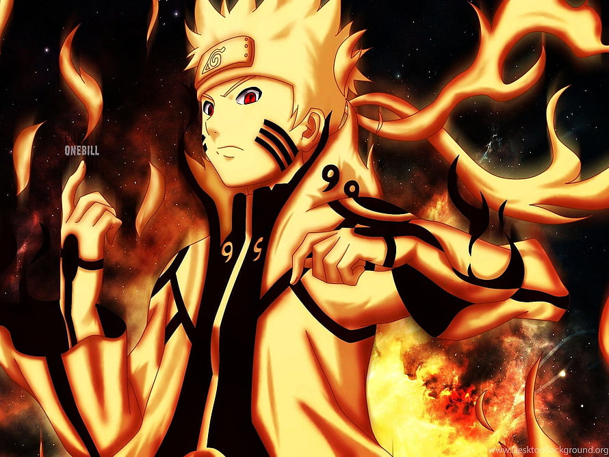 Naruto Uzumaki in Nine-Tails Chakra Mode with Fiery Aura and Cosmic Background HD wallpaper