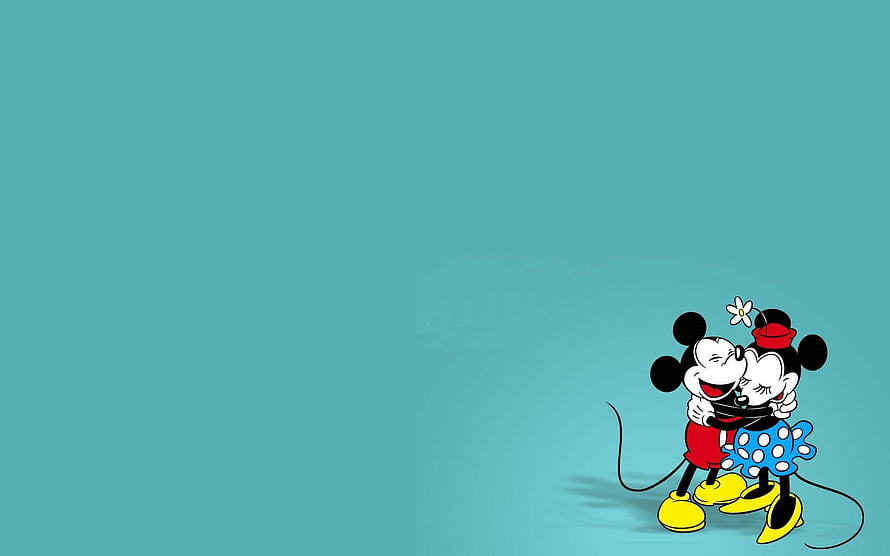 Mickey and Minnie Mouse Embracing on a Teal Background HD wallpaper
