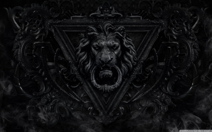 Dark Ornate Lion Head Emblem with Smoke and Baroque Frame HD wallpaper