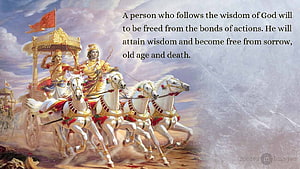 Bhagavad Gita Wisdom Quote with Krishna and Arjuna on a White Horse Chariot HD wallpaper
