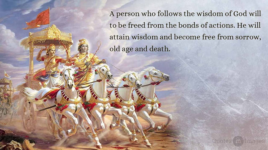 Bhagavad Gita Wisdom Quote with Krishna and Arjuna on a White Horse Chariot HD wallpaper