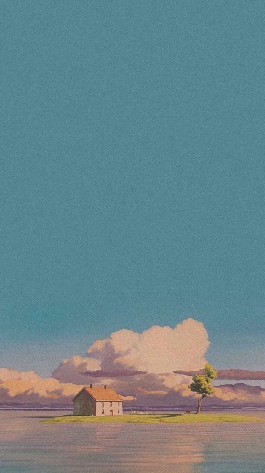 Serene Cottage on a Small Island Surrounded by Calm Water and Pink Clouds HD phone wallpaper