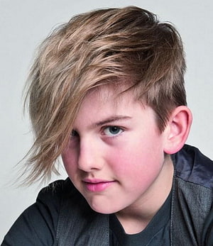 Young Boy With Textured Side-Swept Blonde Hair and Dark Jacket Portrait HD phone wallpaper
