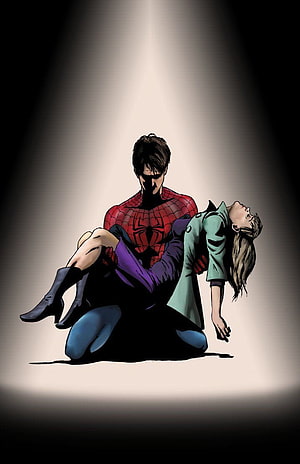 Spider-Man Cradling Unconscious Gwen Stacy in Dramatic Spotlight Comic Art, Gwen Stacy & Spider, the amazing spider man gwen stacy HD phone wallpaper