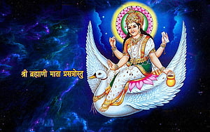 Devi Maa Brahmani Riding a White Swan Against a Cosmic Nebula Background HD wallpaper