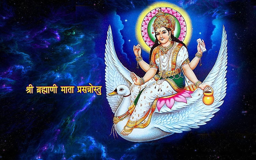 Devi Maa Brahmani Riding a White Swan Against a Cosmic Nebula Background HD wallpaper