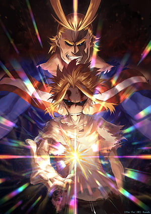 All Might Anime Character Artwork with Prismatic Light Effects and Intense Expression HD phone wallpaper