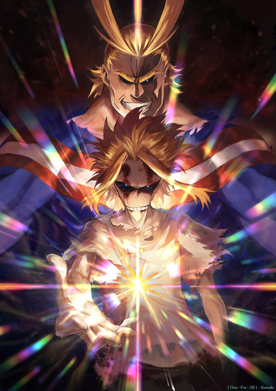 All Might Anime Character Artwork with Prismatic Light Effects and Intense Expression HD phone wallpaper