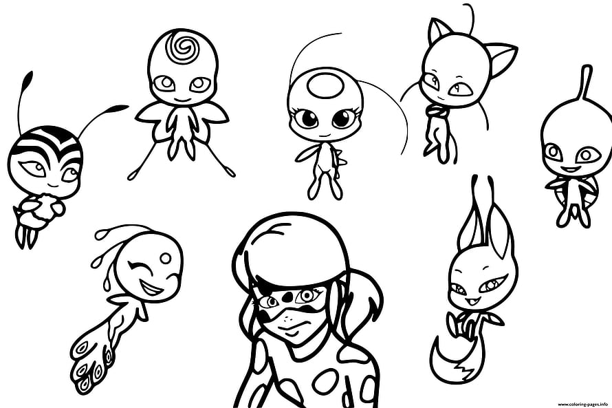 Miraculous Ladybug Kwami Characters Black and White Coloring Page HD wallpaper