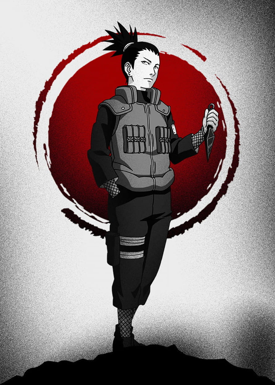 Shikamaru Nara from Naruto in a monochrome anime illustration with a bold red enso circle background HD phone wallpaper