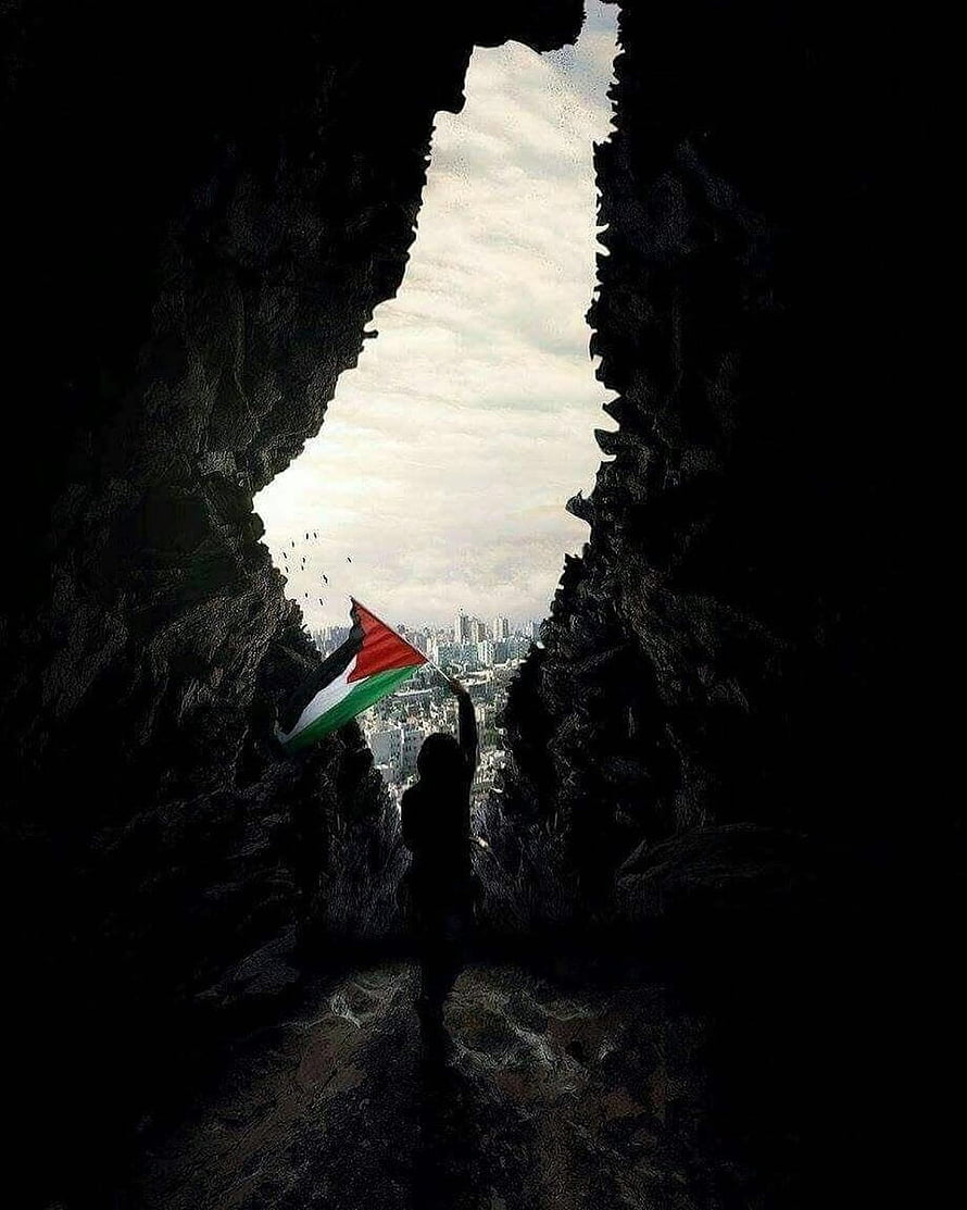 Silhouette of person holding Palestinian flag in rocky cave opening overlooking city skyline HD phone wallpaper