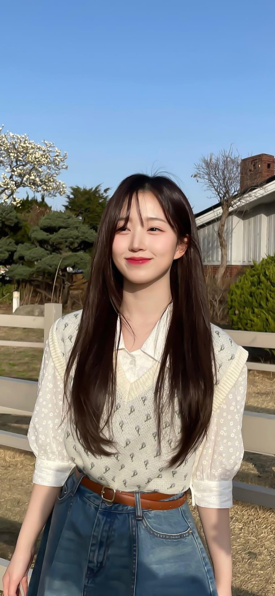 Haewon from NMIXX in a floral blouse and denim skirt outdoors under a clear blue sky HD phone wallpaper