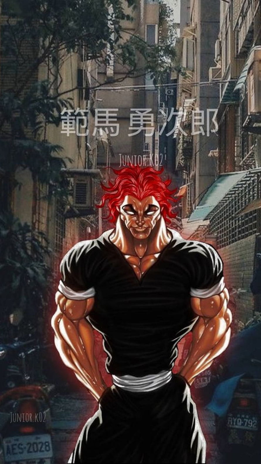 Yujiro Hanma Muscular Red-Haired Character in Urban Alleyway HD phone wallpaper