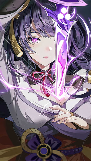 Raiden Shogun from Genshin Impact channeling purple lightning in a dramatic anime portrait HD phone wallpaper