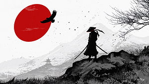 Samurai Silhouette on Rocky Outcrop with Red Sun and Crow in Japanese Ink Style HD wallpaper