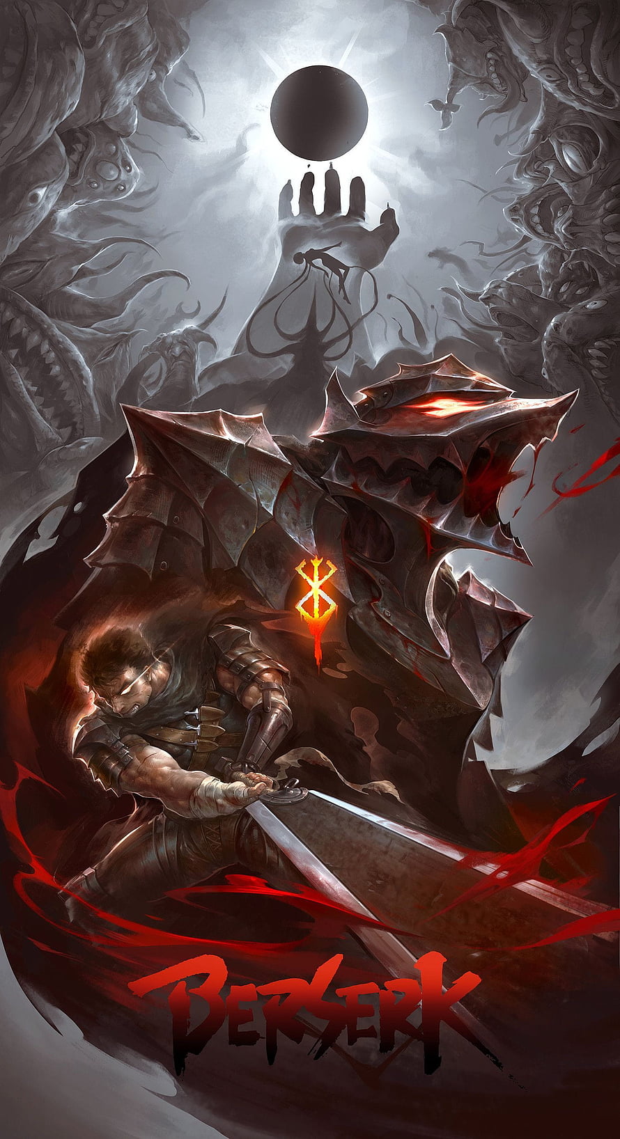 Guts wielding Dragon Slayer sword in Berserk dark fantasy artwork with eclipse and apostles HD phone wallpaper