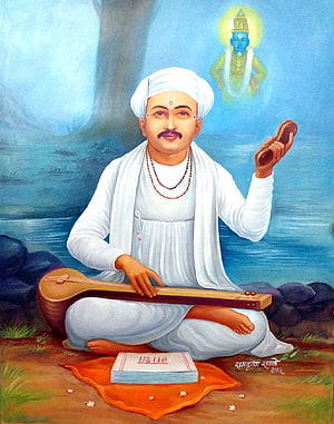 Tulsidas playing the Veena with Lord Vishnu in the background HD phone wallpaper