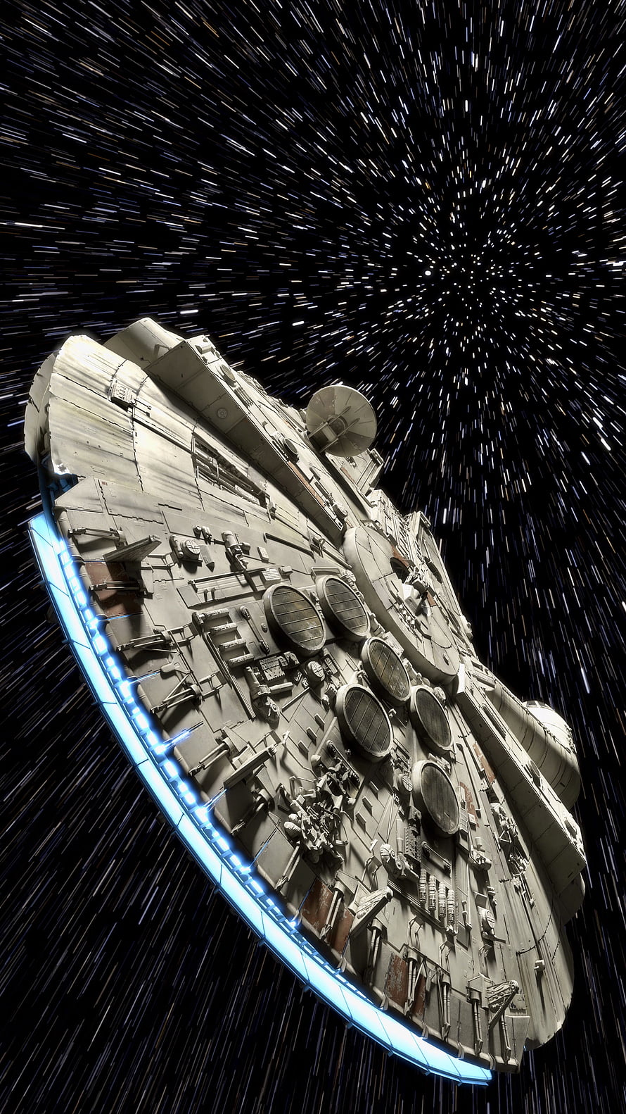 Millennium Falcon Starship in Hyperspace with Blue Engine Glow and Star Streaks HD phone wallpaper