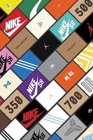 Nike and Jordan Brand Logo Grid Pattern on Colorful Shoe Box Background HD phone wallpaper