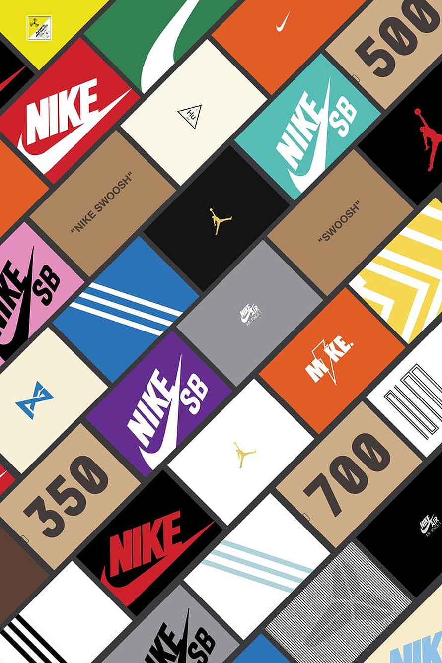 Nike and Jordan Brand Logo Grid Pattern on Colorful Shoe Box Background HD phone wallpaper
