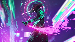 Cyberpunk Samurai Warrior Wielding Neon Katana in Futuristic Digital Cityscape HD wallpaper