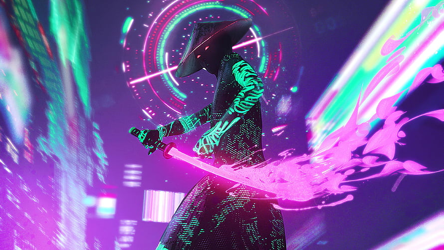 Cyberpunk Samurai Warrior Wielding Neon Katana in Futuristic Digital Cityscape HD wallpaper