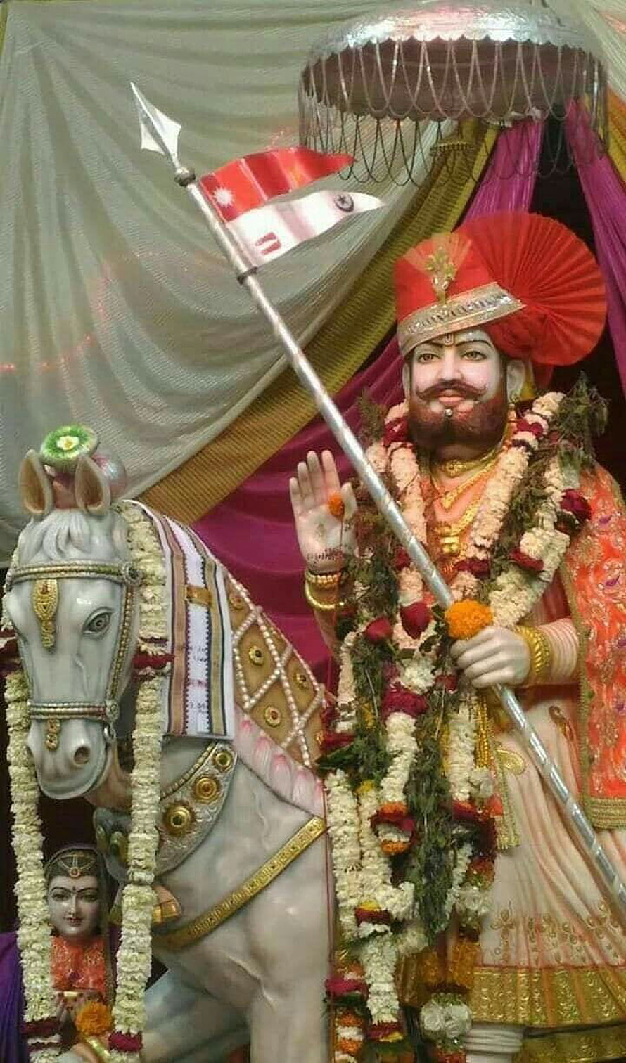 Baba Ramdev Ji Murti on White Horse with Spear and Floral Garlands HD phone wallpaper